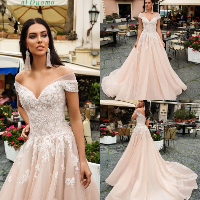 vintage champagne beach wedding dresses off the shoulder a line white lace applique tulle boho bridal gowns cheap new arrival