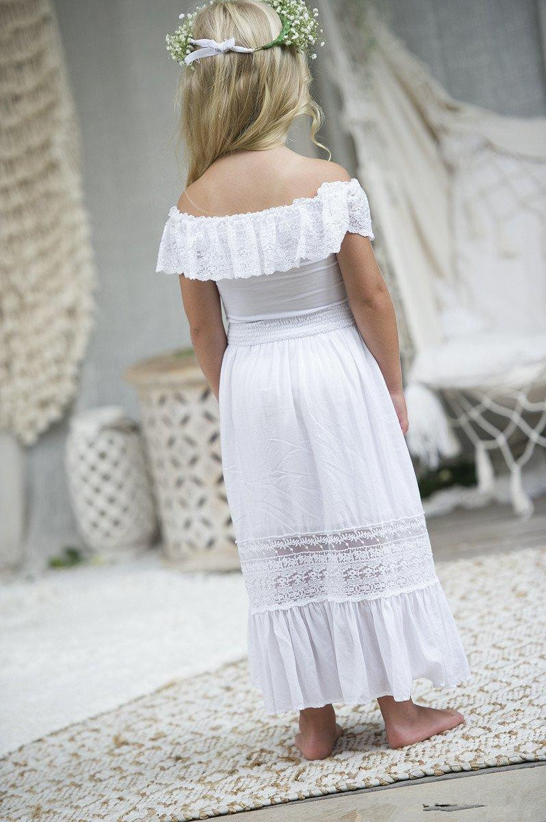 Lovely Bohemian Off the shoulder White Flower Girls Dresses For Wedding with Sleeves Long Lace Backless Beach Boho First Communion Dress New