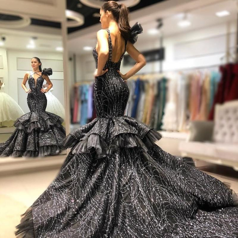 sparkly beaded luxury mermaid prom dresses cross sweetheart backless tiered black evening dress gorgeous celebrity red carpet dresses