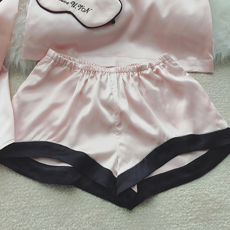 Summer Cartoon Satin Pajamas Sets Women 4pcs/set Long Sleeve Tops Camisole Shorts Eye Mask Home Clothing Sexy Sleepwear Mujer