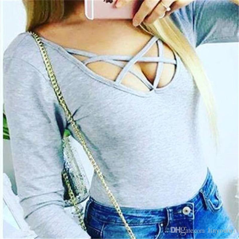 2020 Hot Sexy Women 3/4 Sleeve Bodysuit Bodycon Lady Leotard Body Tops Jumpsuit T-shirt V Neck Hollow out Bodysuit