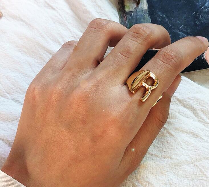 Hollow A-Z Letter Gold Color Metal Adjustable Opening Ring Initials Name Alphabet Female Party Personalized Party Jewelry SHU32