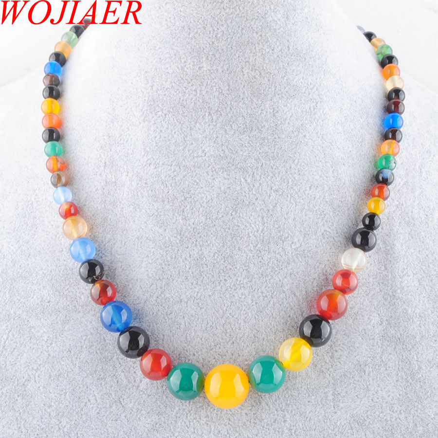 WOJIAER Fashion Jewelry Algae Agate Gem Stone Necklace Round 6-14mm Graduated Beads Women 17.5 Inches BF301