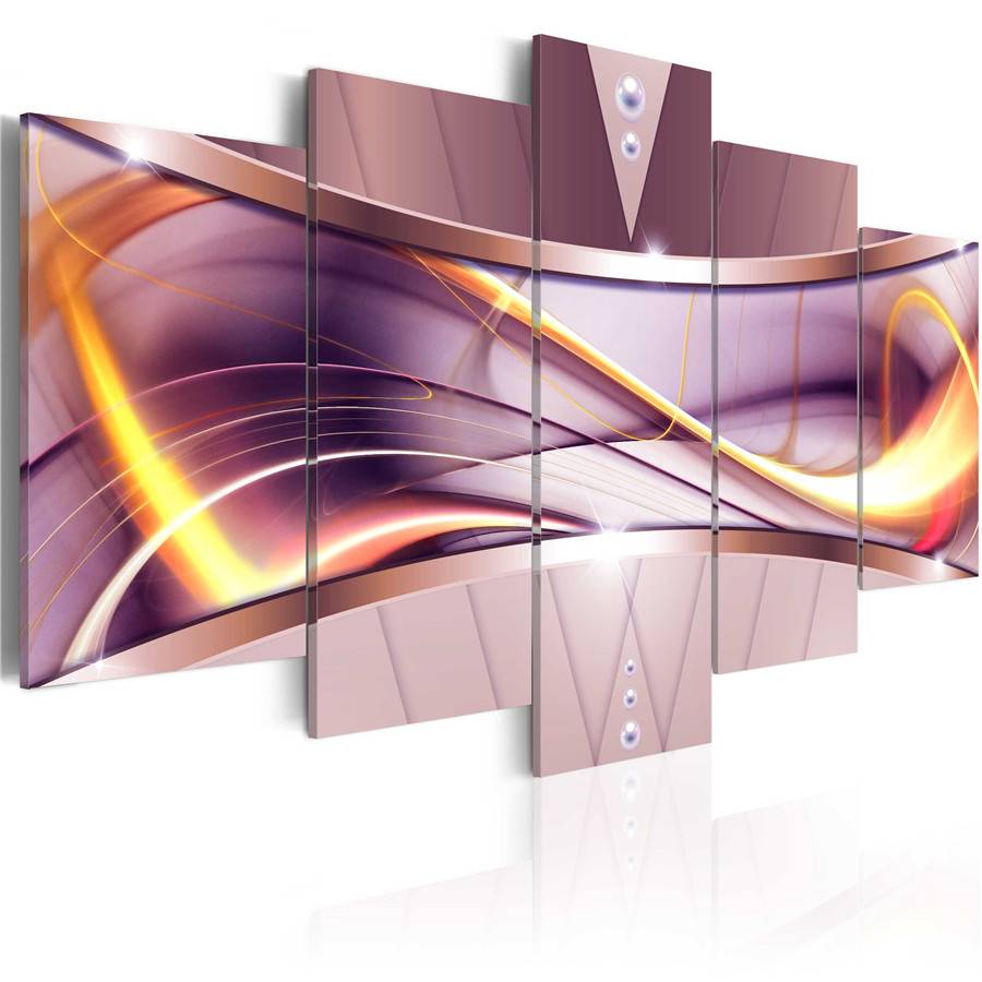 Fashion Wall Art Canvas Painting 5 Pieces Grey Yellow Purple Abstract Gold Line Modern Home Decoration, No Frame