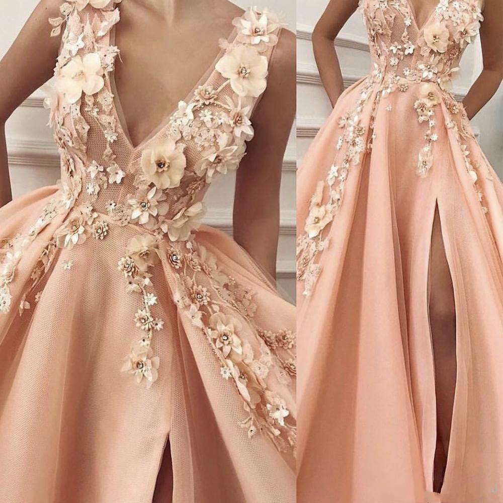 Newest Peach Prom Dresses 2019 V Neck Hand Made Flowers 3D Side Slit Tulle Floor Length Evening Dresses Gowns Pink Women Dresses, Same as picture
Newest Peach Prom Dresses 2019 V Neck Hand Made Flowers 3D Side Slit Tulle Floor Length Evening Dresses Gowns Pink Women Dresses, Same as picture