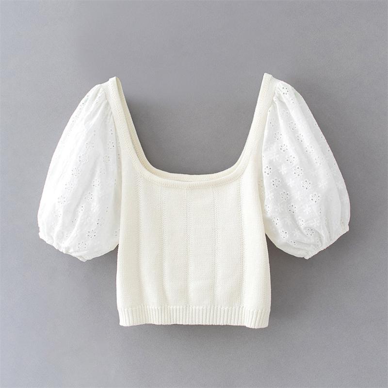 2020 summer women' new wide-neck puffy short-sleeved same-color stitching knitted top embroidered short top, White
2020 summer women' new wide-neck puffy short-sleeved same-color stitching knitted top embroidered short top, White