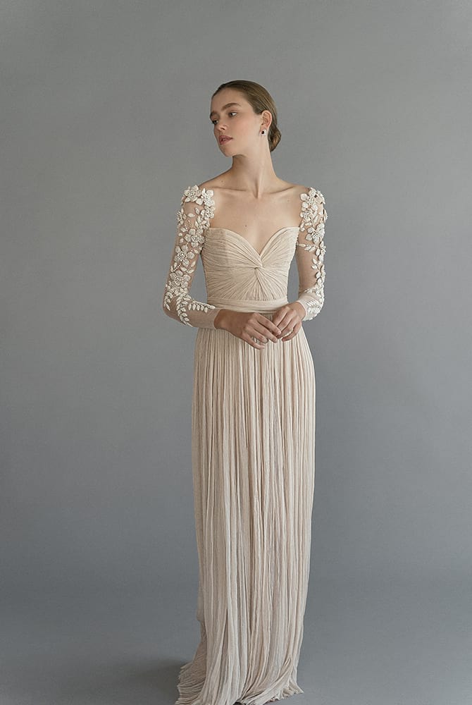 Newest A Line Chana Marelus Wedding Dresses Long Sleeve Tulle Lace Hand Made Flower Ruched Wedding Gowns Floor Length robe de mariée