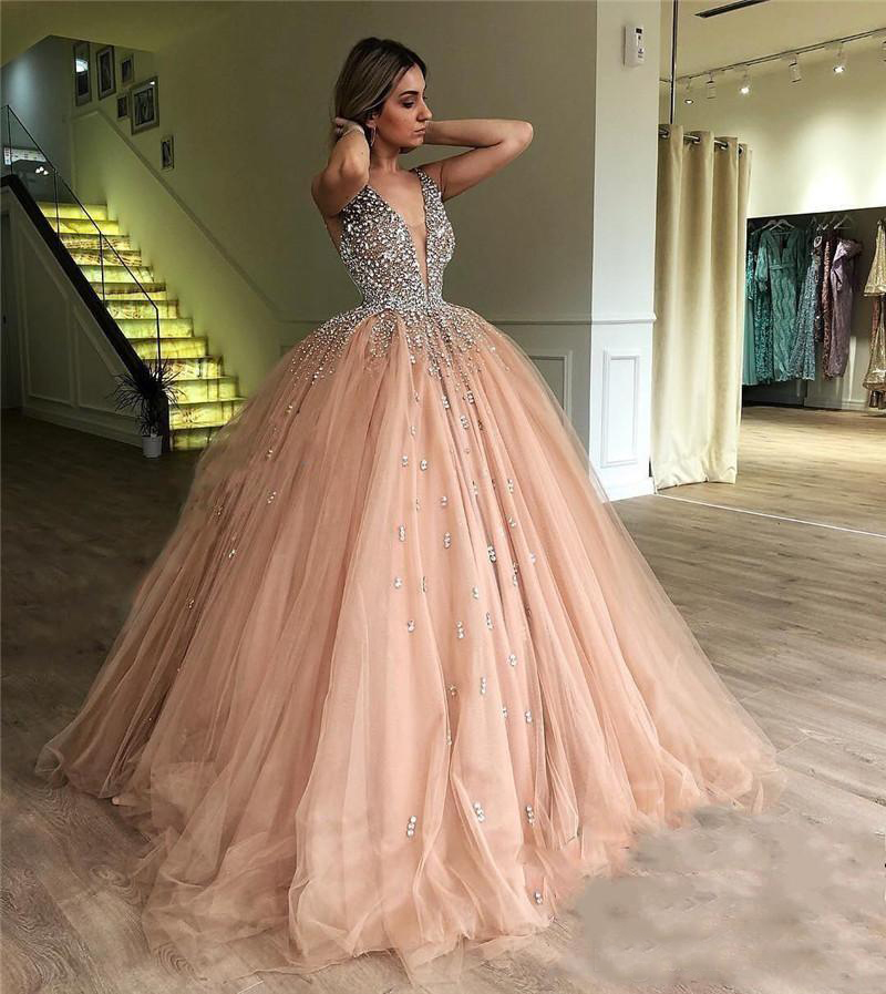 Luxury Crystals Ball Gown Prom Dresses 2019 Illusion V Neck Champagne Tulle Plus Size Sequined Sweet 16 Arabic Dubai Quinceanera Party Gowns