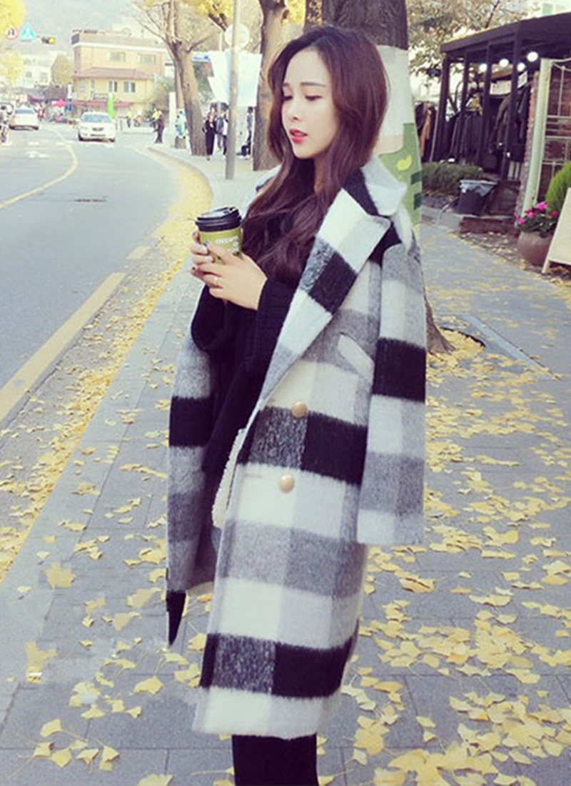 Autumn Winter Elegant Fashion Long Wool Coat Women Black And White Plaid Wool Blend Coat And Jacket Solid Women Coats T190903