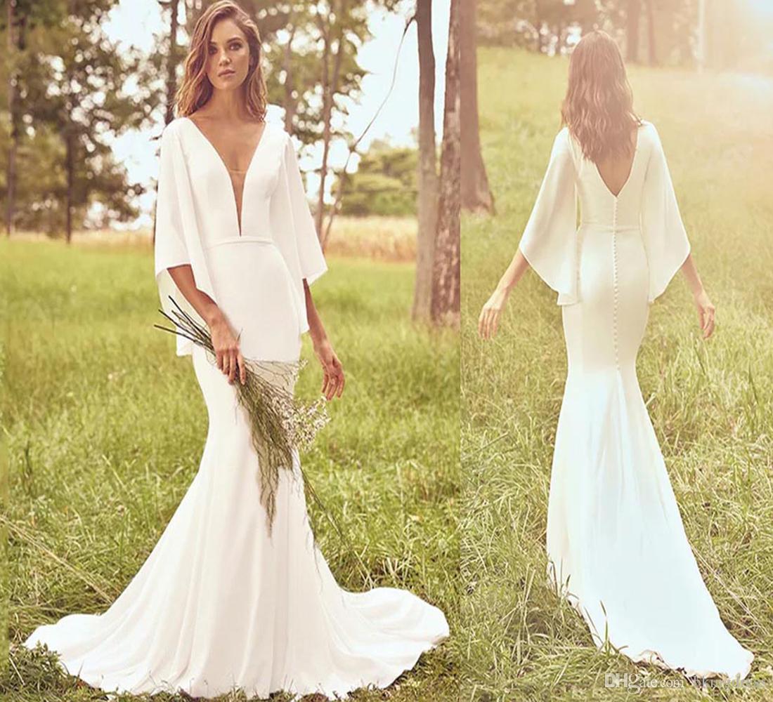 Long Poet Sleeves Dresses Mermaid Plunging V Neck Sweep Train Chiffon Covered Buttons Back Wedding Gown Vestido De Novia