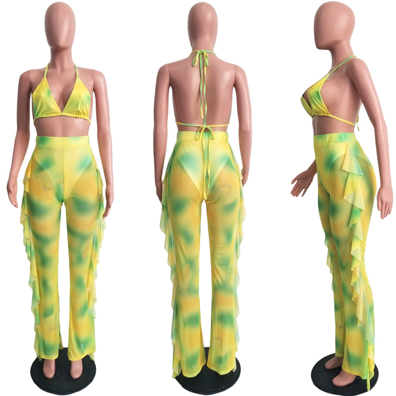 Summer New Arrival Mesh Ruffles Bikini Women Sets High Waist Wide Leg Pants Bohemian Beach Printed Casual Matching Sets