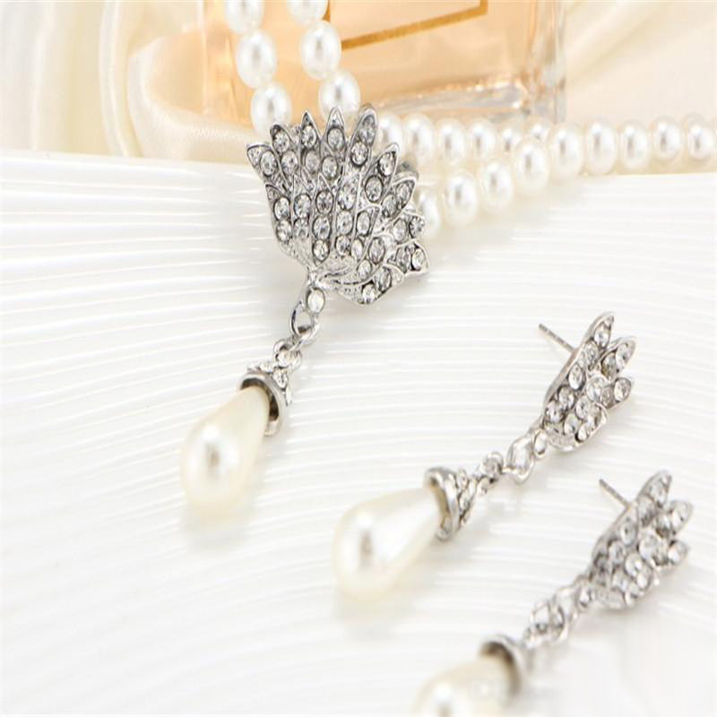 New Wedding Bride Simulated Pearl Jewelry Set Fashion Double Layger Chain Crystal Water Drop Pendant Necklaces Drop Earring