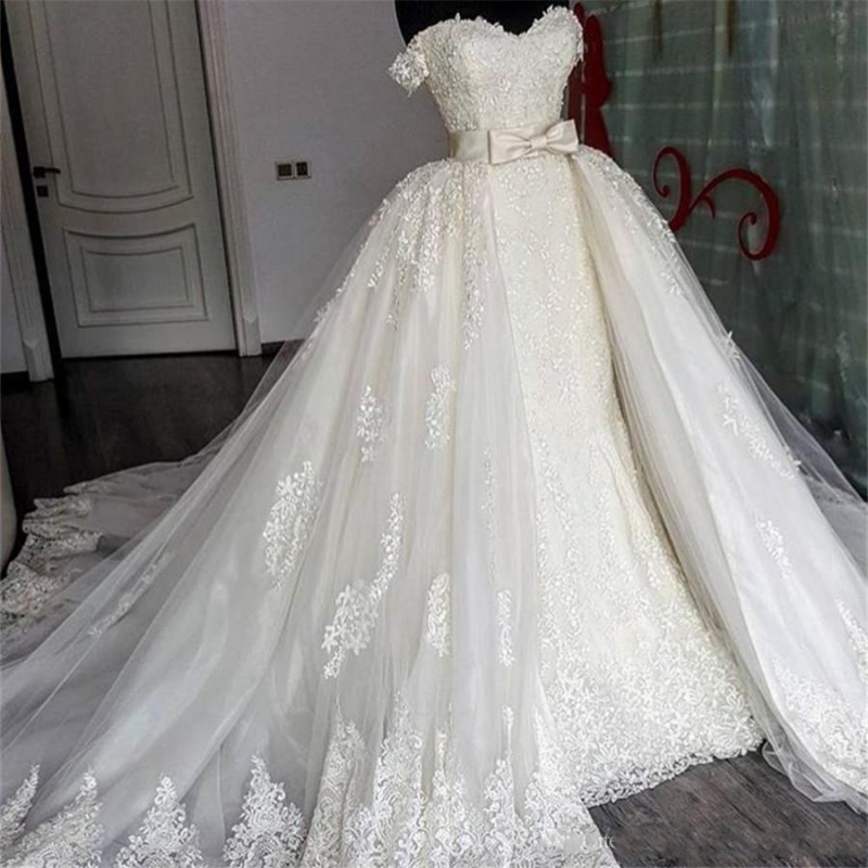2020 Off the Shoulder Lace Mermaid Wedding Dresses Removable Train Applique Lace Bridal Gowns Detachable Train Wedding Gowns vestido novia
