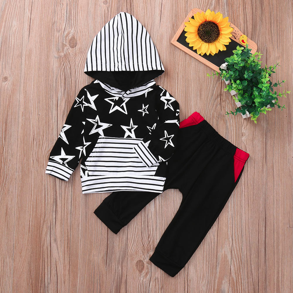 Fashion Baby Boy clothes Winter clothes set 2PCs Long Sleeve Sweatshirt Star Hoode Top+Print Pants Cloth Sets roupas meni