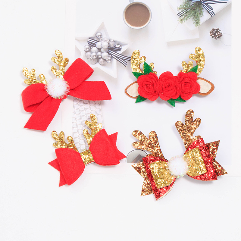 20 pcs/lot, Christmas Reindeer Bow Hair clips, Felt flowers Glitter hair bow clips, Children girls accessories