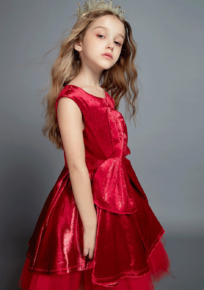 New Fashion Lovely Red Velvet Flower Girls Dresses Jewel Neck Bow Sash Kids Christmas Party Dresses