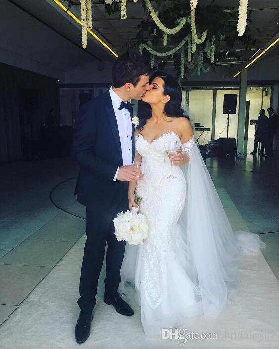 Lace Mermaid Dresses Off Shoulder Long Sleeves Tulle Pearls Applique Court Train Wedding Dress Bridal Gowns vestidos de novia