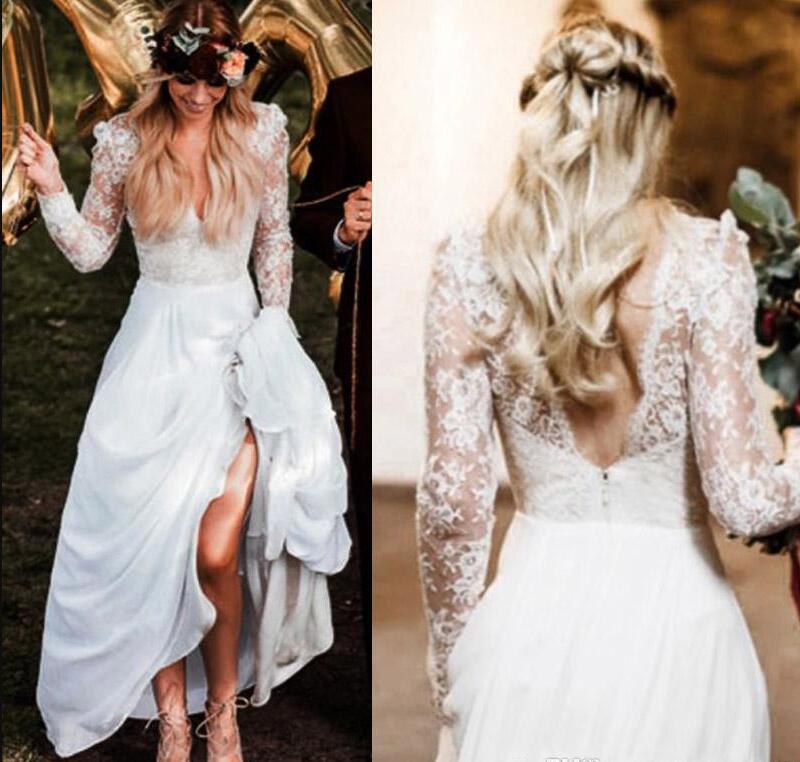 2019 Deep V Neck Lace Chiffon illusion Long Sleeves Beach Dresses Country Simple Bohemian Bridal Open Back Wedding Gowns