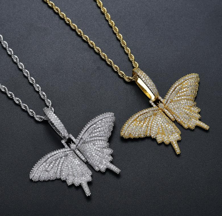 Animal butterfly Pendant Necklace Charm 4mmTennis Chain & Cuban Gold Silver Cubic Zircon Men's Hip hop Rock Jewelry