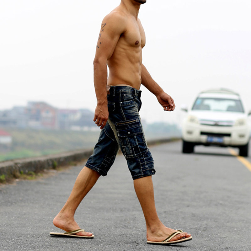 Summer Mens Cargo Denim Shorts Multi Pockets Retro Washed Cotton Jeans Shorts for Men YC1070