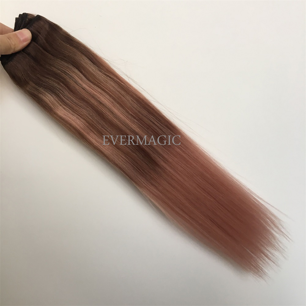 Remy Human Hair Double Weft Hair Extensions Balayage Ombre Color #3 Dark Brown Fading to Rose gold Ombre Color Extensions