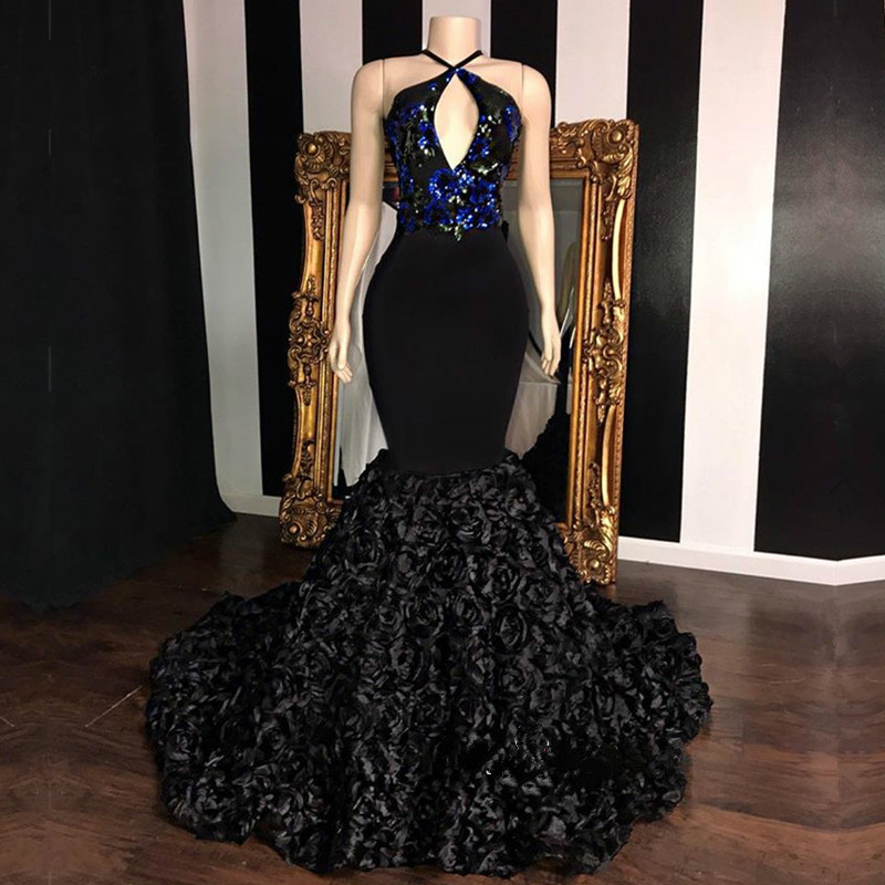 2019 Black Mermaid Prom Dresses Halter Royal Blue Lace Applique Sequins African Grils Evening Gowns Rose Flower Cocktail Party Dress