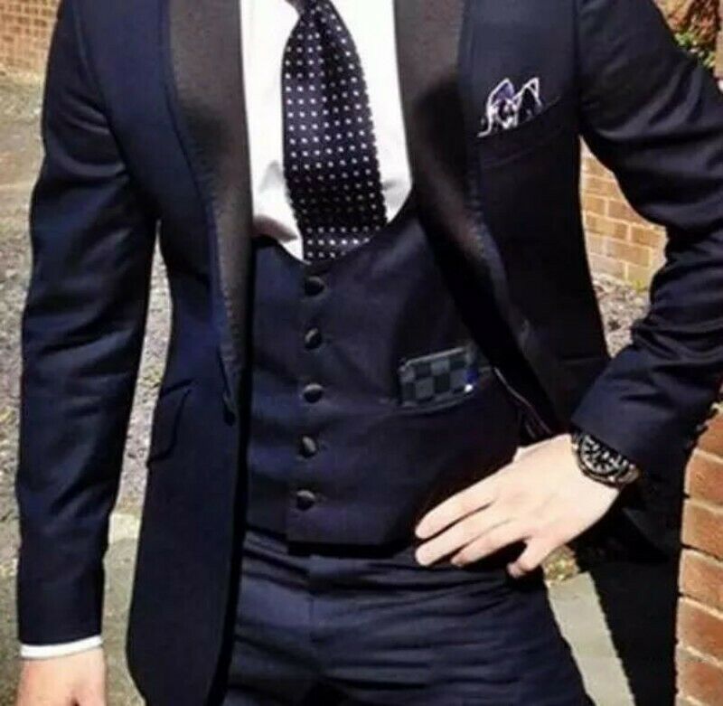Navy Blue Best Men Suits Jacket Suit Wedding Groom Mens Suits Prom Dresses Black Weave Tweed Tuxedos 3 Pieces Wedding Tuxedos Top Quality