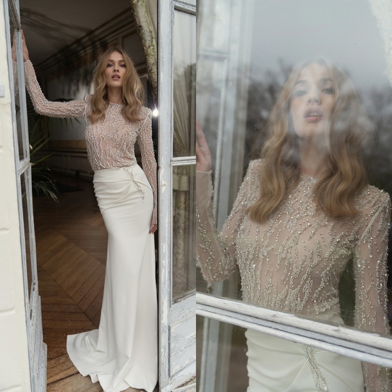 Il Dror Mermaid Dresses Illusion Bodice Beaded Sequins Sweep Train Satin Long Sleeve Lace Bridal Gowns Plus Size Wedding Dress