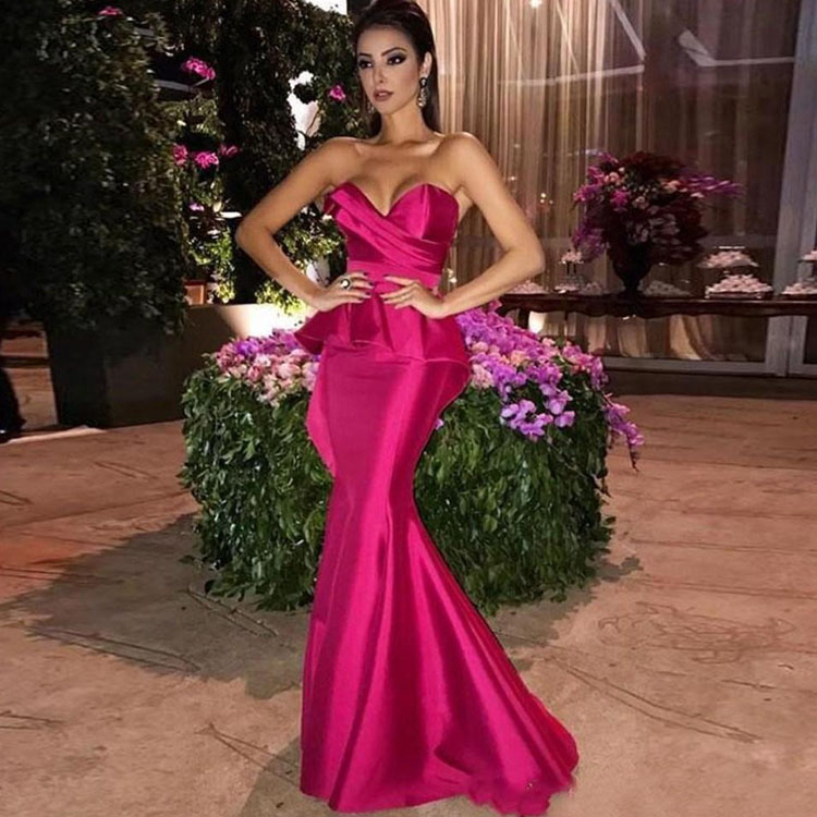Fuchsia Mermaid Evening Dresses Strapless Ruffle Peplum Pleats Floor Length Plus Size Formal Custom Made Prom Gown