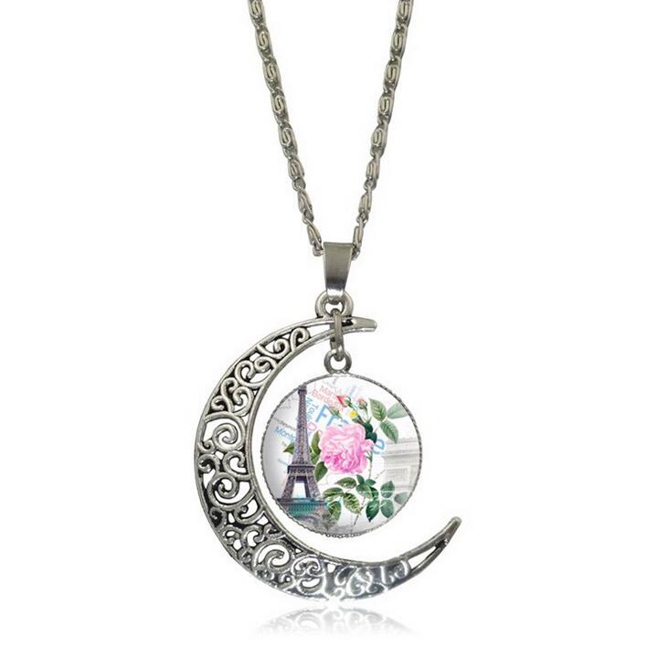 Openwork carved moon Eiffel Tower time gemstone necklace DJN173 mix order Pendant Necklaces jewelry
