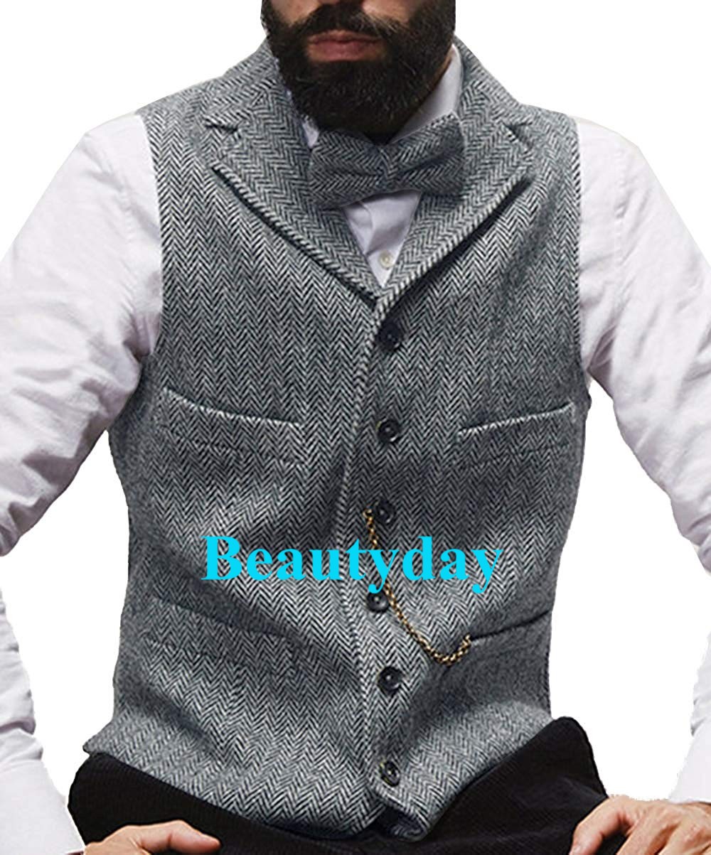 2019 Farm Brown Groom Vests Wool Herringbone Tweed Vest Slim Fit Men's Suit Vest Prom Country Wedding Waistcoat Dress Tailor Made Plus Size