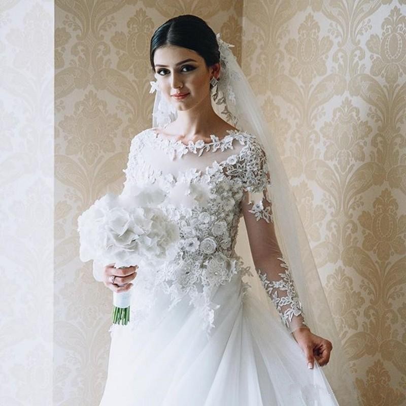 Arabic Style Bridal Wedding Dresses Online Pictures Princess Pretty 3D Lace and Tulle Long Sleeve Bridal Gowns Wholesale
