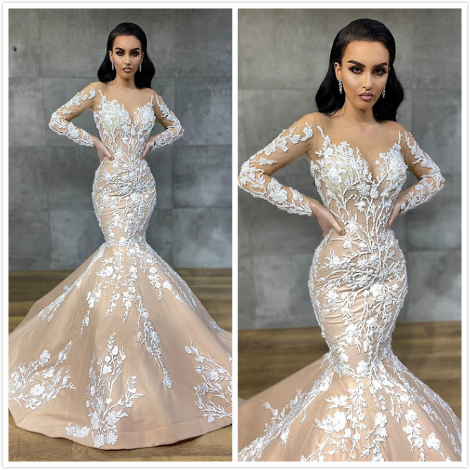 2020 Arabic Aso Ebi Vintage Sexy Mermaid Wedding Dresses Long Sleeves Sheer Neck Bridal Dresses Champagne Wedding Gowns ZJ553