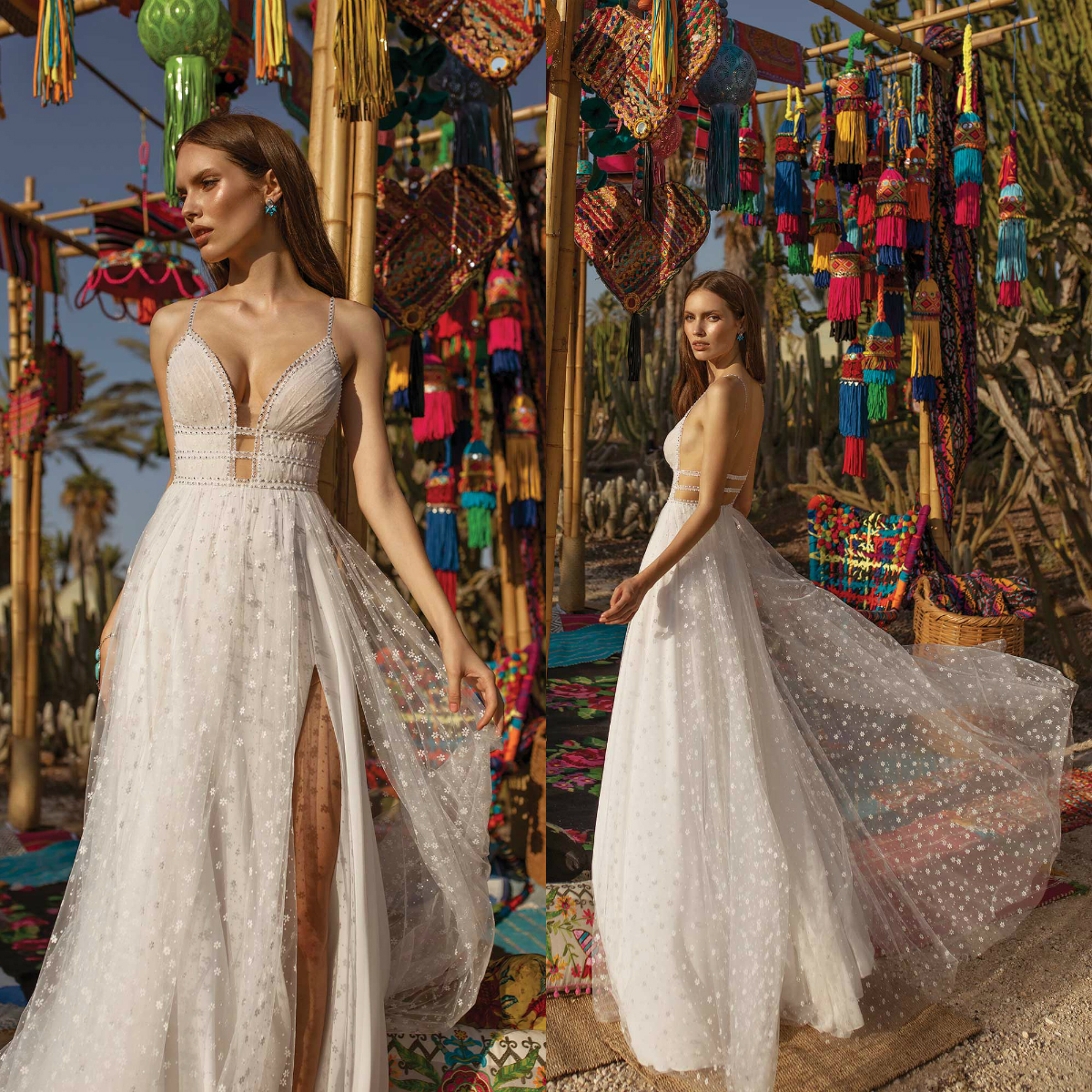 asaf dadush tulle wedding dresses lace appliqued beach spaghetti v neck a line bohemian split boho bridal gowns vestido de novia
