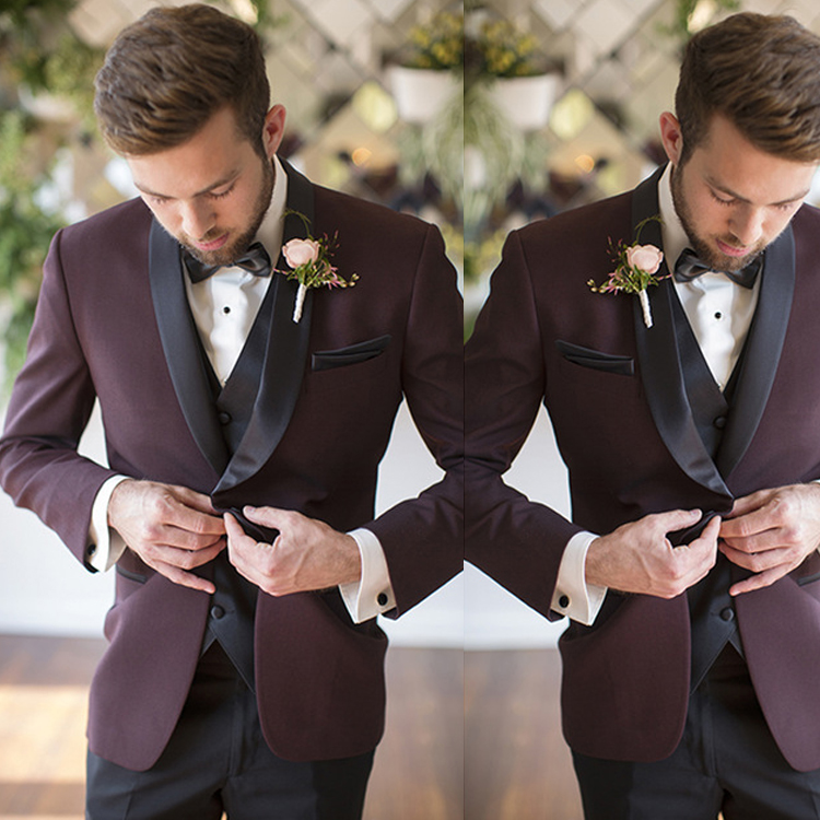 2019 Burgundy Groom Wedding Tuxedos One Piece Black Shawl Lapel Mens Blazer Best Men Formal Wear