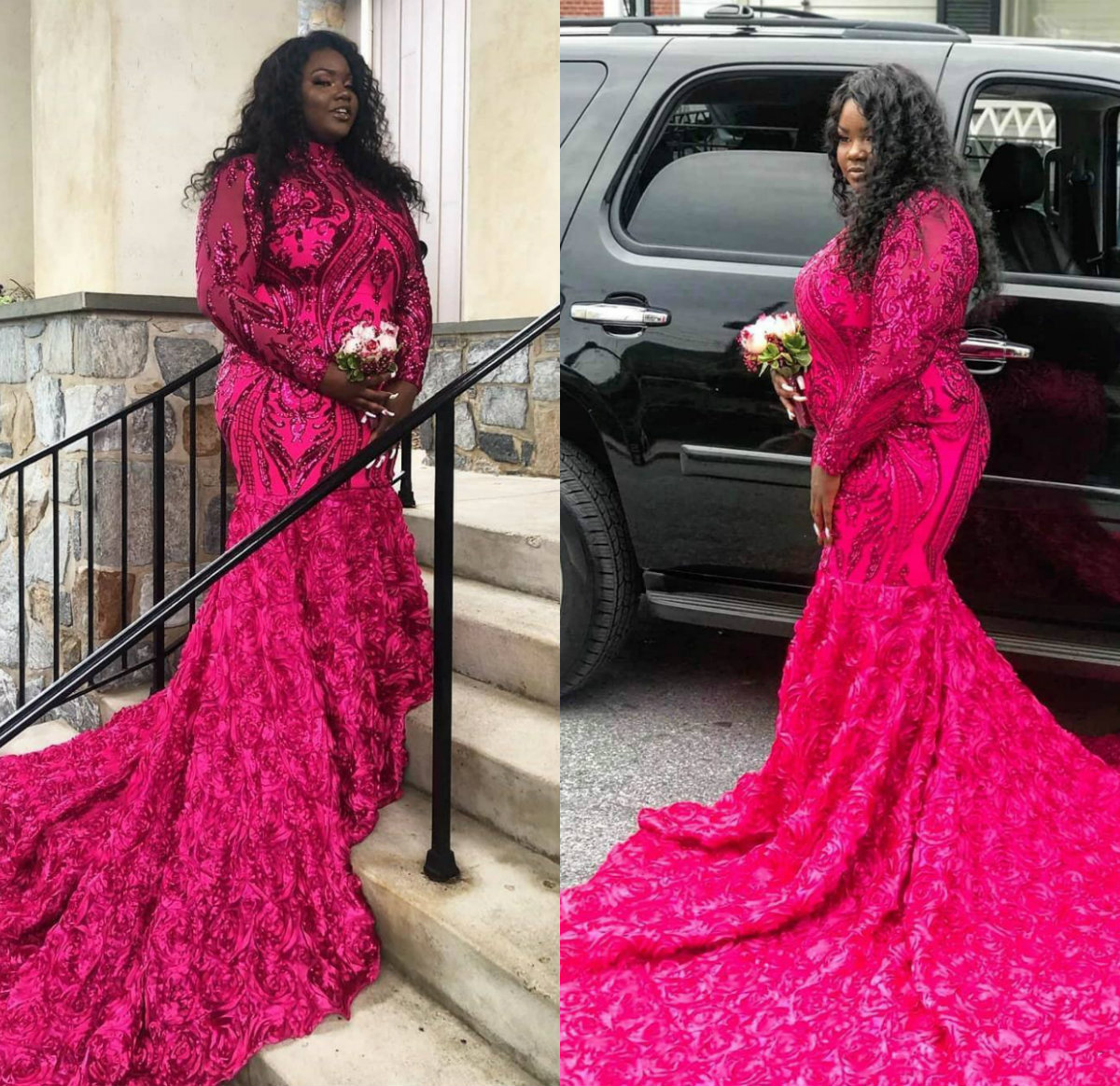 2020 Fuchsia Mermaid Plus Size Prom Dresses High Neck Lace Formal Dress Sweep Train Ruffled Long Sleeves Evening Gowns
