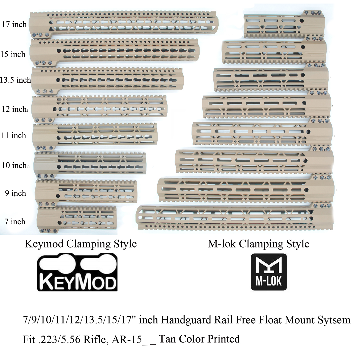 7/9/10/11/12/13.5/15/17'' inch Keymod/M-lok Clamping Style Handguard Rail Free Float Picatinny Mount System_Tan Color Printed
7/9/10/11/12/13.5/15/17'' inch Keymod/M-lok Clamping Style Handguard Rail Free Float Picatinny Mount System_Tan Color Printed