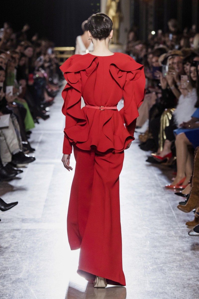 Red Jumpsuits Elie Saab 2019 Evening Dresses Ruffles Long Sleeve Prom Gowns Simple Satin Floor Length Party Dress