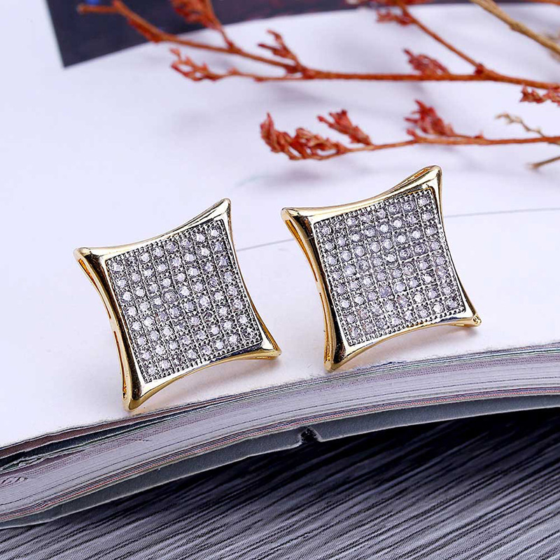 Men Hip Hop Stud Earrings Square Screw Back Shining White Zircon Earrings Gold Plated Vintage Geometric Jewelry Wholesale