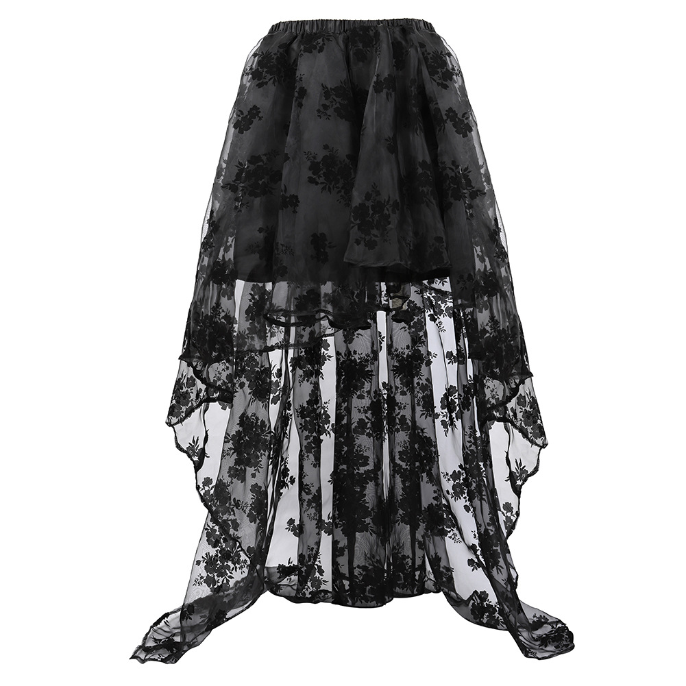 Women 3pcs Set Bundle Sale Burlesque Corset Dress with Sheer Floral Lace Blouse and Hi-lo Long Skirt Plus a Ruffle Hem Overbust Corset