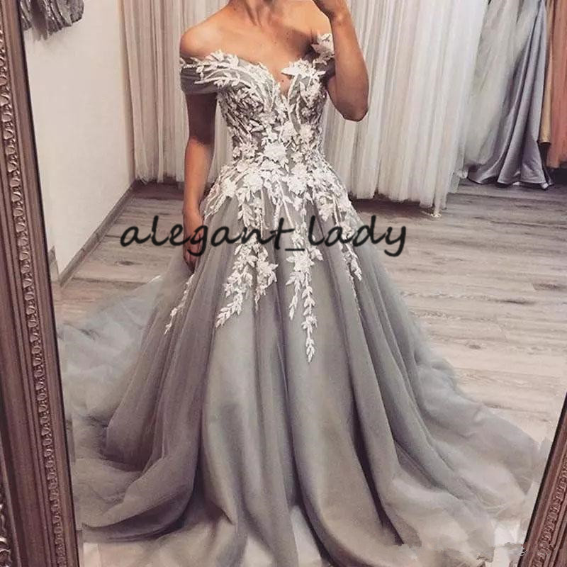Silver Grey White Wedding Dresses 2019 Modest Off Shoulder 3D Floral Applique Puffy Skirt Dubai Arabic Princess Church Wedding Gown