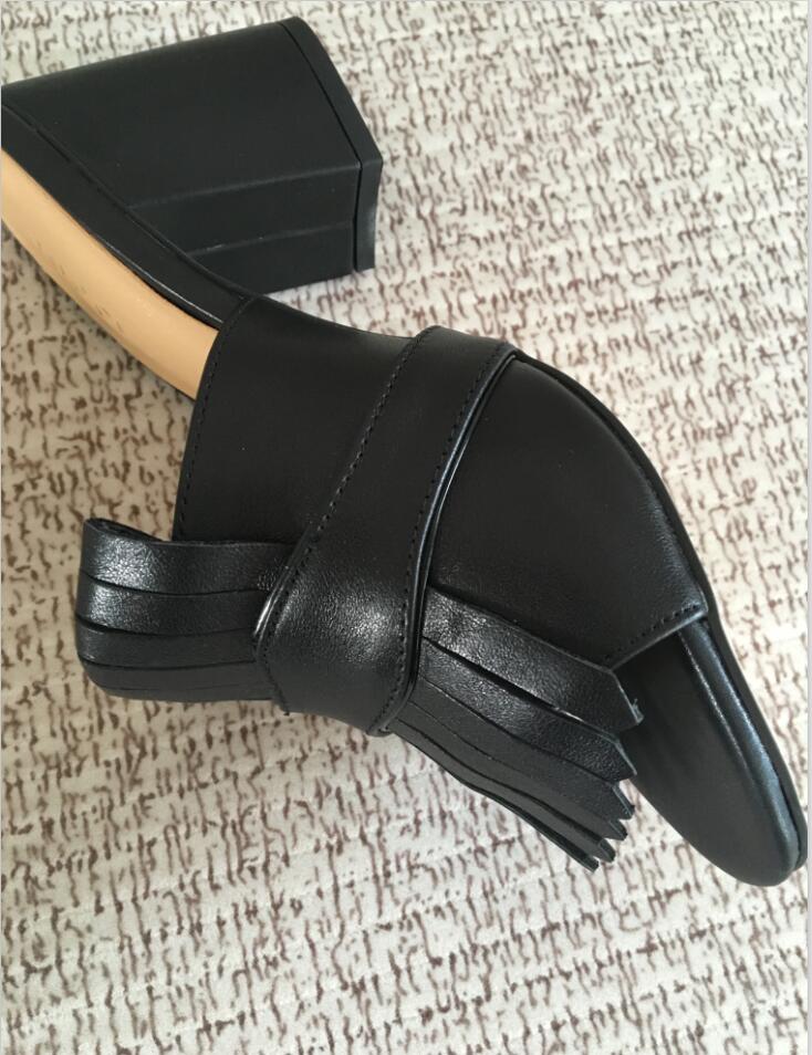 Hot Sale-omen's fashion thick heels shoes black leather sandals girls casual heel slides lady red green shoe big size 34-42 41 #G18