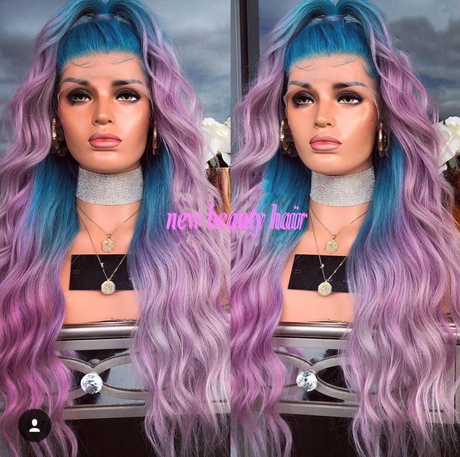 Free shipping New fashion Peruca Cabelo Deep Long Body Wave Hair Wigs celebrity style blue Ombre pink ple Synthetic Lace Front Wig For Women