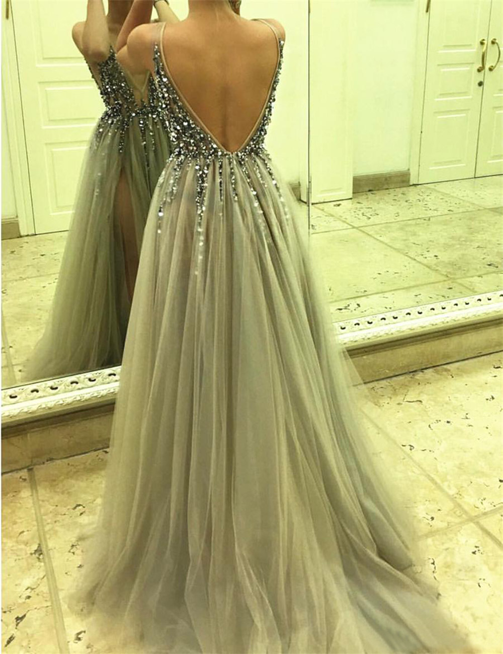 A-line open back tulle prom dress V-neck prom dress sexy long formal dresses long tulle top beading sexy grey evening dress