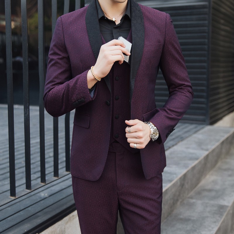 Handsome Three Pieces Groomsmen Suits Custom Made Modest Printed Pattern Slim Fit Mens Business Wedding Suits(Jacket+Vest+Pants)