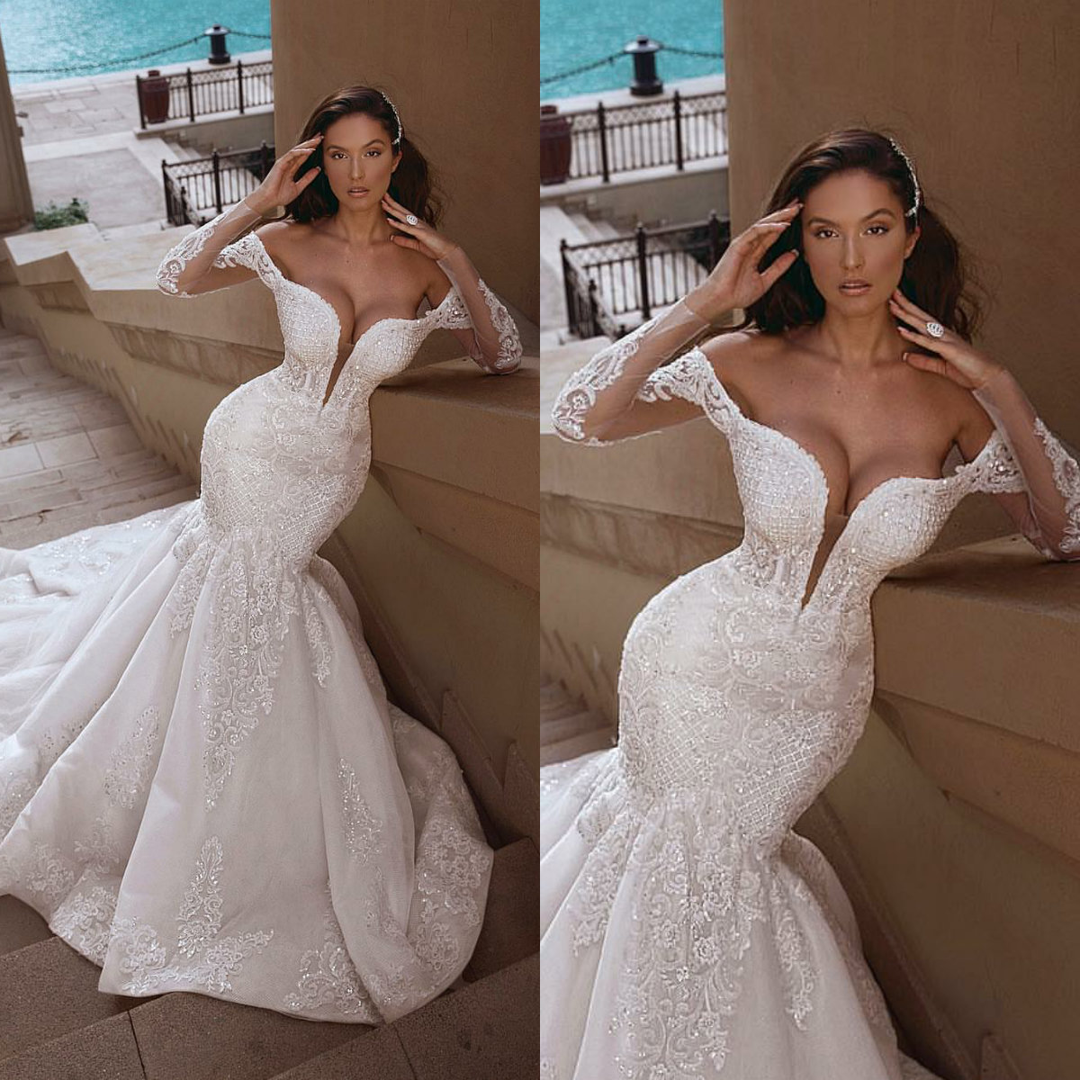 Said Mhamad 2019 Mermaid Wedding Dresses Off Shoulder Lace Long Sleeve Plus Size Wedding Dress Sweep Train Sequins Beach Bridal Gowns