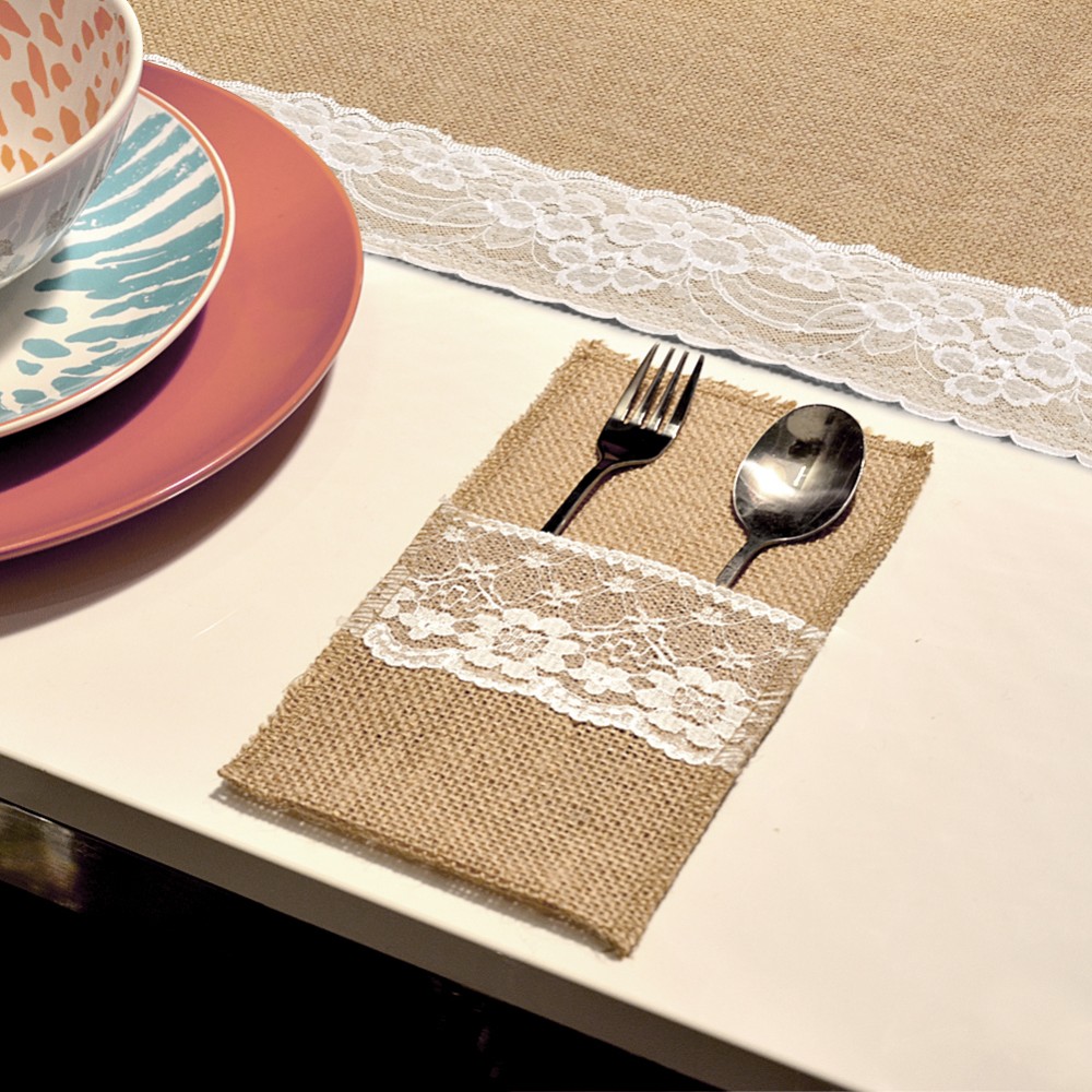 DIY Lace Rustic Wedding Burlap Jute Tableware Fork Knife Holder Pocket Pouch vintage handmade Wedding Party Table Decoration 4"x8"
