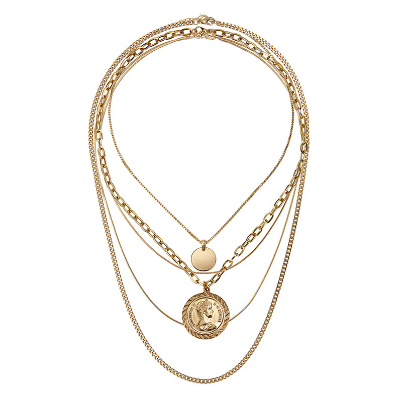 Rongho New design Multi layers Metal Human head chokers necklace Gold coin circle pendant necklace Vintage chains necklace