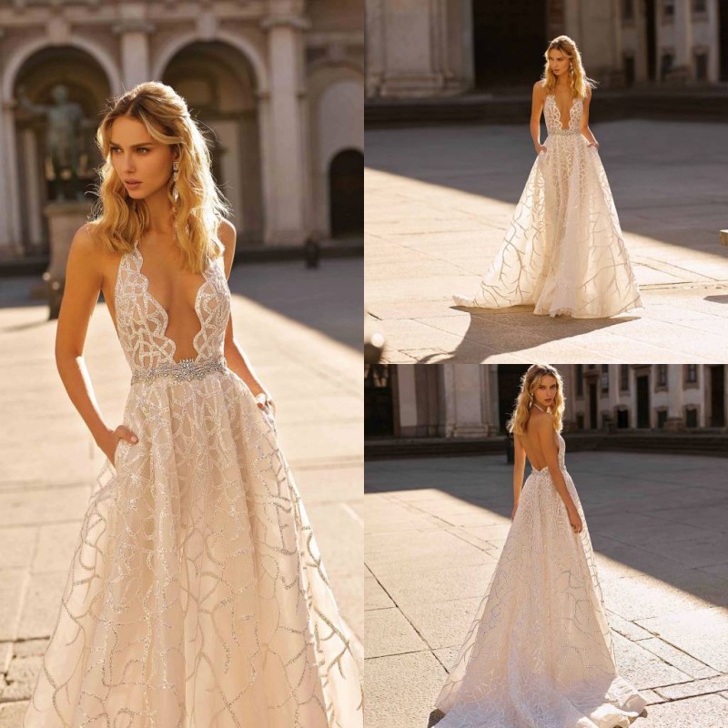 2020 Berta Wedding Dresses Deep V Neck Backless Beads Appliques Lace Wedding Gowns Sweep Train Vestidos De Novia