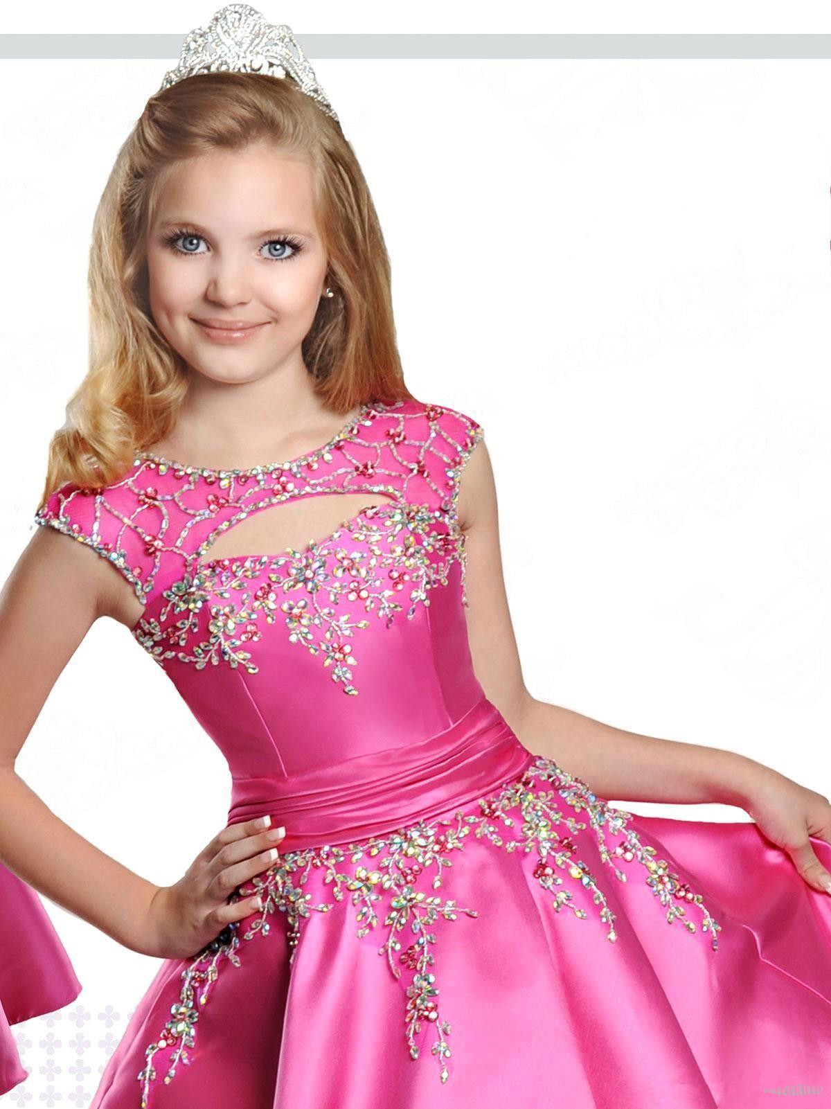 Fuchsia Pageant Dresses Crew Neck Floor Length Ball Gown Flower Girls With Lace Up Back Beaded Formal Dress For Teens Bc2425